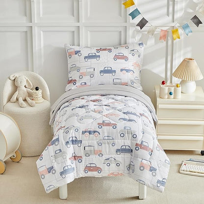 JHXHMX Car Toddler Bedding Set for Boys,4 Piece Bed-in-a-Bag Toddler Comforter Set,Soft Crib Bed Set Including Comforter,Flat Sheet,Fitted Sheet and Pillowcase-Gray
