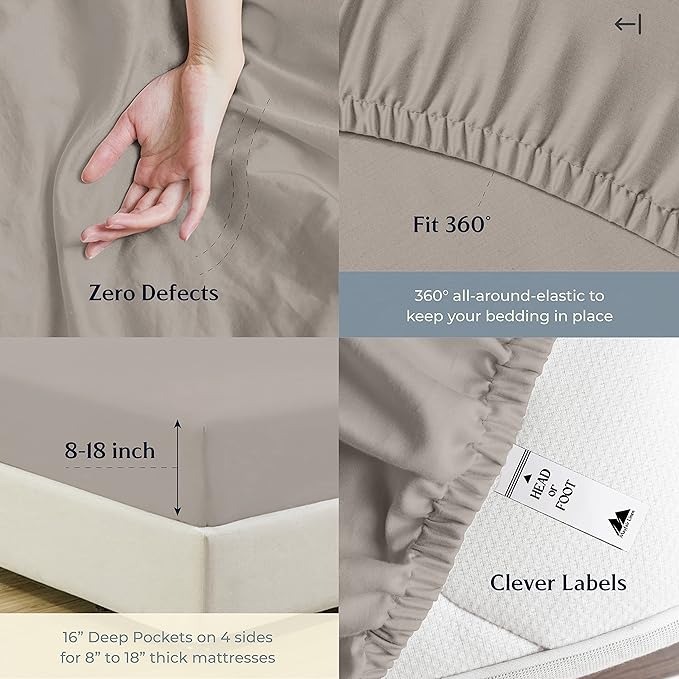 Mayfair Linen 500 Thread Count California King Cotton Sheets - 4 PC Cal King Size Bed Sheet Set Cotton (Taupe), Soft, Cooling, Sateen 16" Deep Pocket Bedsheet for Hot Sleepers (Fits 18" Mattress)