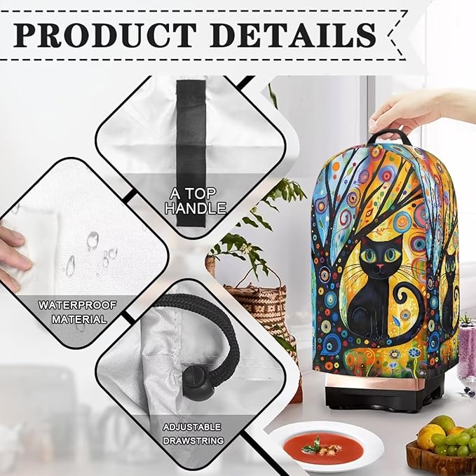 Whimsical Black Cat Tree Blender Dust Cover with Drawstring Stand Mixer or Coffee Maker Cover Anti Fingerprint Polyester Appliance Cover for Home Kitchen Decor Vibrant