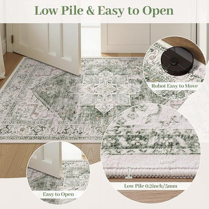 LIVEBOX Washable 9x12 Area Rugs, Large Rugs for Living Room Boho Soft Non-Slip Rug, Low-Pile Vintage Medallion Rug, Retro Indoor Carpet for Dining Room Bedroom Office Sage Green