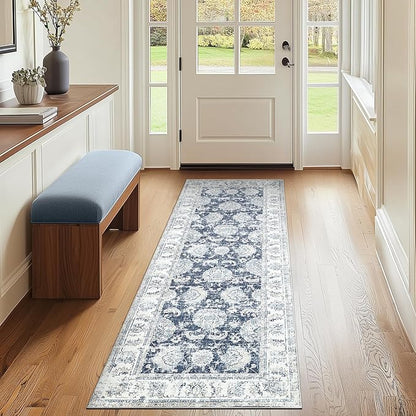 jinchan Fiora Runner Rug 2x6 Machine Washable Hallway Rug Dark Blue Vintage Floral Print Non-Slip Low Pile Ultra-Thin for Kitchen, Entryway, Laundry Room, Bedroom, Farmhouse (2‘x6’, Dark Blue)