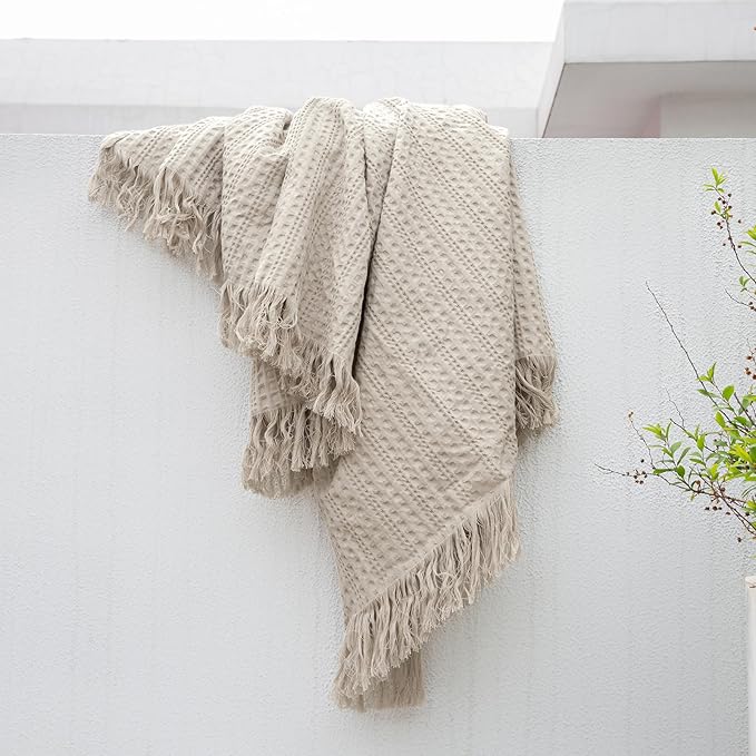 100% Cotton Waffle King Blanket with Fringe 104"x90", Pre-Washed Waffle Weave Blanket for All Season, Lightweight Breathable Soft Cozy Throw Blanket for Couch, Bed, Travel (Beige)