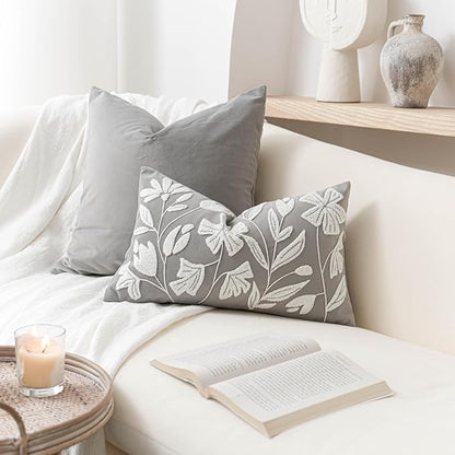 BlissBlush Grey Velvet Decorative Lumbar Throw Pillow Cover 12X20, Light Gray Floral Tufted Soft Farmhouse Textured Pillowcase, Accent Pillowcase for Couch Sofa Bed Living Room