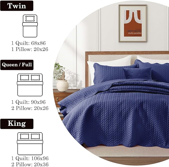 IR Imperial Rooms California King Quilt Bedding Set Size (118"x106") + 2 Pillow Shams (20" x 36"+ 2") - 3 Pcs All Season Reversible Microfiber Coverlet Embossed Quilt Bedspread (Navy)