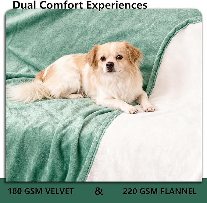 Waterproof Blanket for Bed, Leak Proof Dog Couch Blankets Reversible, Pet Throw Sofa Furniture Protector Machine Washable-82 x120,Green+Cream