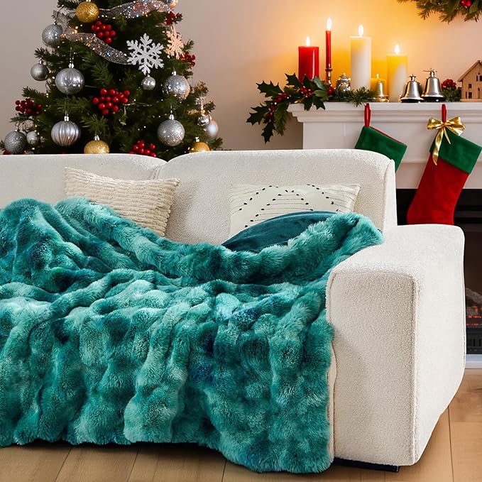 Lotus Karen Faux Fur Throw Blanket Tie-Dye Green - Big Bubble Rabbit Fluff Blanket for Couch, Large Fluffy Fuzzy Cozy Blanket,Thick Furry Plush Shaggy Blankets,108x90 Inches