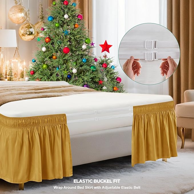 Biscaynebay Wrap Around Bed Skirts for Full & Full XL Beds 17" Long Drop, Gold Adjustable Elastic Dust Ruffles Easy Fit Wrinkle Resistant Silky Luxurious Fabric Machine Washable