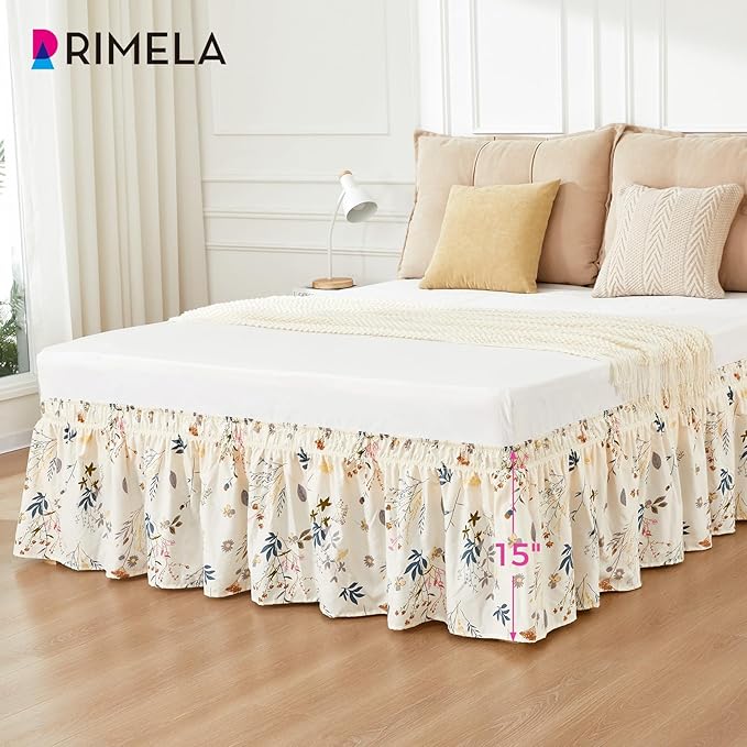 RIMELA Cream Balloon Bed Skirt Queen Size 15 Inch Drop, Elastic Bed Skirting for Bed Frame, Bedding Dust Ruffle Easy to Install, Lightweight Wrap Around Adjustable Bedskirt,Bedroom Decor