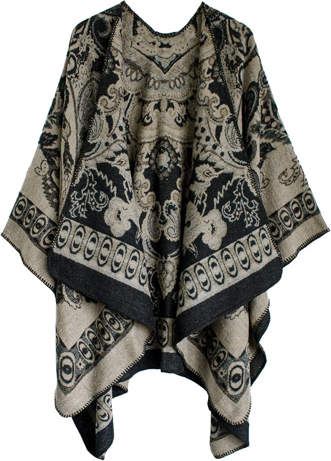 Women's Vintage Pattern Open Front Poncho Cape Shawl Winter Shawl Wraps