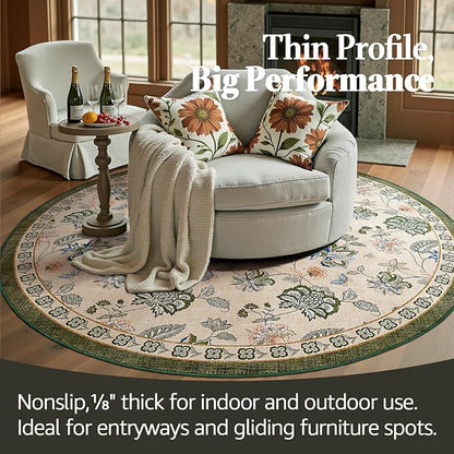 jinchan Elora 6ft Floral Round Rug for Washable Living Room Rug Vintage Romance Christmas Design Non Slip Indoor Floor Cover Lightweight Low-Profile Throw Carpet for Bedroom Patio, Green/Beige