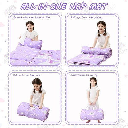 Toddler Nap Mat with Pillow and Blanket, Extra Large Rolled Napping Mats,Slumber Bags for Boys Girls,Kids Sleeping Bag for Daycare, Preschool Travel Camping