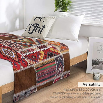 Southwest Aztec Throw Blanket, Native Bohemian Retro Patchwork Traditional Geometric Soft Flannel Blanket Warm Blankets for All Seasons, Bed Couch Sofa 60"x80"