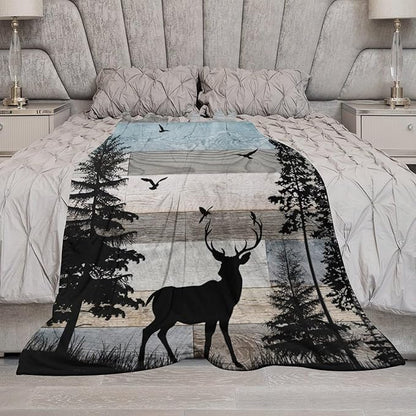 Rustic Deer Throw Blanket, Retro Cabin Farmhouse Country Lodge Blue Brown Wooden Board Wild Forest Animals Deer Bird Print Warm Cozy Blanket for Bed Couch Sofa Travel, 40"x50"