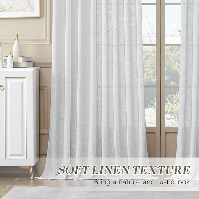 MASWOND Extra Long White Pinch Pleat Linen Curtains 120 Inches Long 2 Panels for Living Room Semi Sheer Pleated Back Tab 2 Story Drapes Light Filtering Curtain with Hooks for Dining Room W38xL120