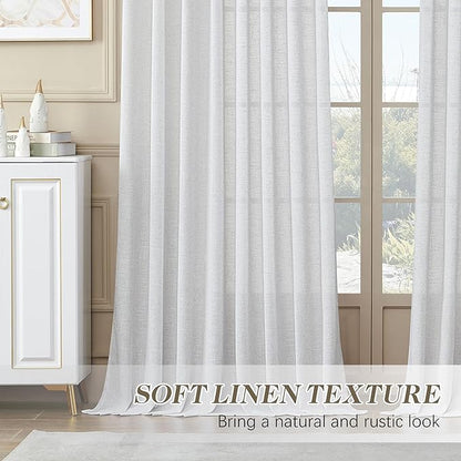 MASWOND Extra Long White Pinch Pleat Linen Curtains 120 Inches Long 2 Panels for Living Room Semi Sheer Pleated Back Tab 2 Story Drapes Light Filtering Curtain with Hooks for Dining Room W38xL120