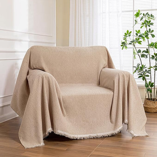 MEETSKY Sofa Covers Armchair Single Couch Cover for Dogs,Throw Couch Cover with Tassel Recliner Chair Recliner Cover Washable 1 Cushion Couch Chenille Couch Protector, 71"x 91", Khaki