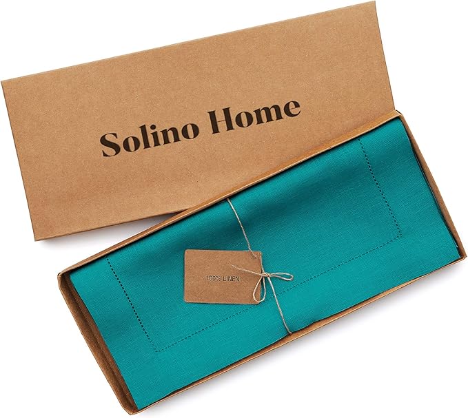 Solino Home Linen Teal Table Runner 108 Inches Long - 100% Pure Linen Hemstitch 14 x 108 Inch Table Runner for Dining, Christmas, New Year - Classic Hemstitch