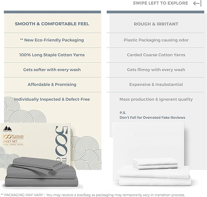 Mayfair Linen 100% Cotton Striped Sheets King Size Bed Set - 500 Thread Count Damask Sheets King Size 4 PC Set (Dark Grey Stripe), Soft, Cooling, Sateen Weave Hotel-Quality 16" Deep Pocket Bedsheet