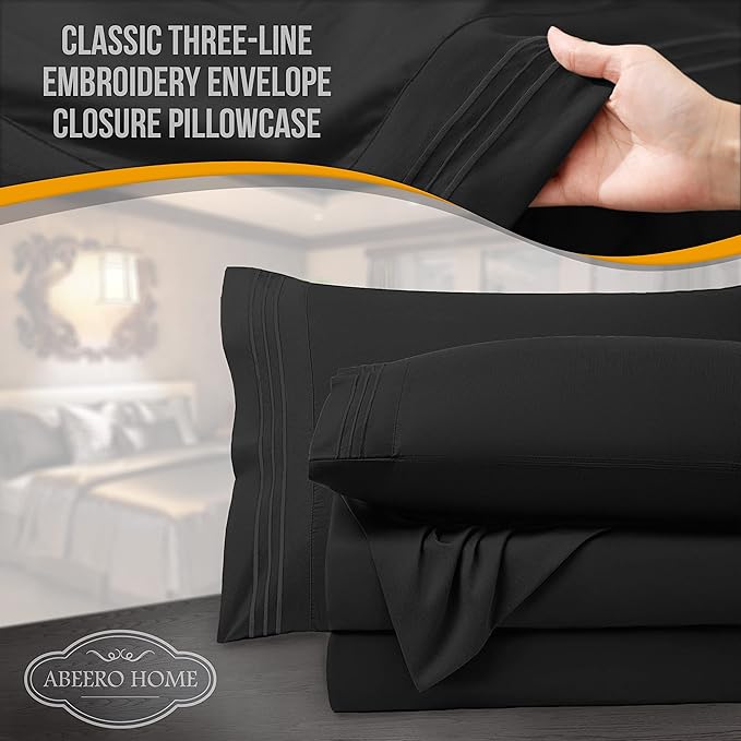 California King Sheet Sets - Luxury Hotel Bed Sheets - Soft Cooling Sheets with Elastic Corner Straps - Deep Pocket Microfiber - Bedding Sheet & Pillowcases - 4 PC (Cal King Size, Black)