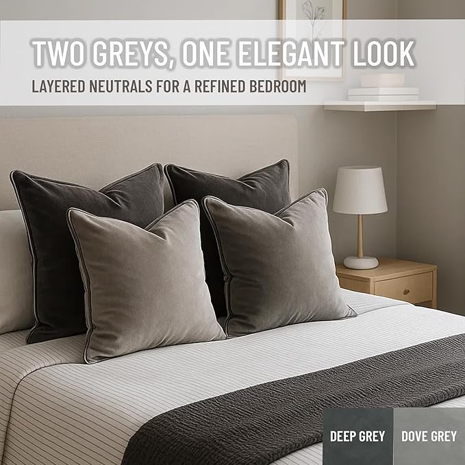 2 Pack Velvet Decorative Throw Pillow Covers, 12"x20", Deep Grey, Solid, Modern, Contrast Piping, Indoor Use, Bedroom & Living Room