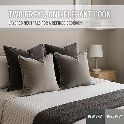 2 Pack Velvet Decorative Throw Pillow Covers, 12"x20", Deep Grey, Solid, Modern, Contrast Piping, Indoor Use, Bedroom & Living Room