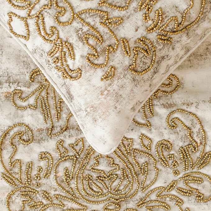 The HomeCentric King/Queen/Twin Ivory & Gold Decorative Queen 74"x18" Bed Runner Without Pillow Cover, Beaded & Foil Bed Scarf on Silk Fabric - Foil Damask Gold