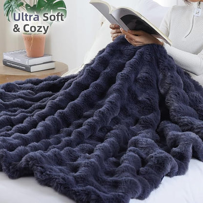 Smoofy Faux Fur Throw Blanket for Couch – Navy Blue Fluffy Cozy Rabbit Fleece, Plush Soft Bubble Blanket for Sofa & Bed, for Mom, Warm Fuzzy Home Room Decor Throw 50" x 60"