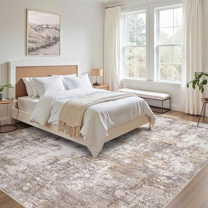 Washable 7x9 Area Rug: Modern Abstract Soft Non-Slip Indoor Rugs Home Decor - Low Pile Stain Resistant Foldable Carpet for Living Room Bedroom Dining Room Playroom(Golden Brown,7'x9')
