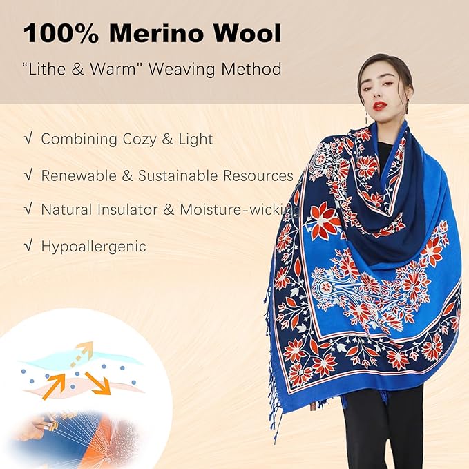 DANA XU 100% Merino Wool Pashmina Shawl for Women 96"x43", Oversized Cashmere Wrap with Tassels, Floral Travel Blanket Cape