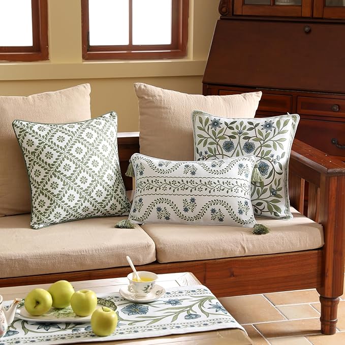 ISAENNE Design Fresh Linen Square Throw Pillow Covers 18"x18", French White Cottage Cushion Covers with Green Branches Pattern Decoration Pillowcases for Bed,Living Room,Outdoor,Car