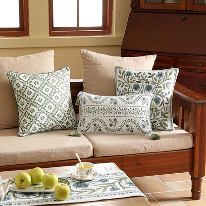 ISAENNE Design Fresh Linen Square Throw Pillow Covers 18"x18" Pack of 2, French White Cottage Cushion Covers with Green Branches Pattern Decoration Pillowcases for Bed,Living Room,Outdoor,Car