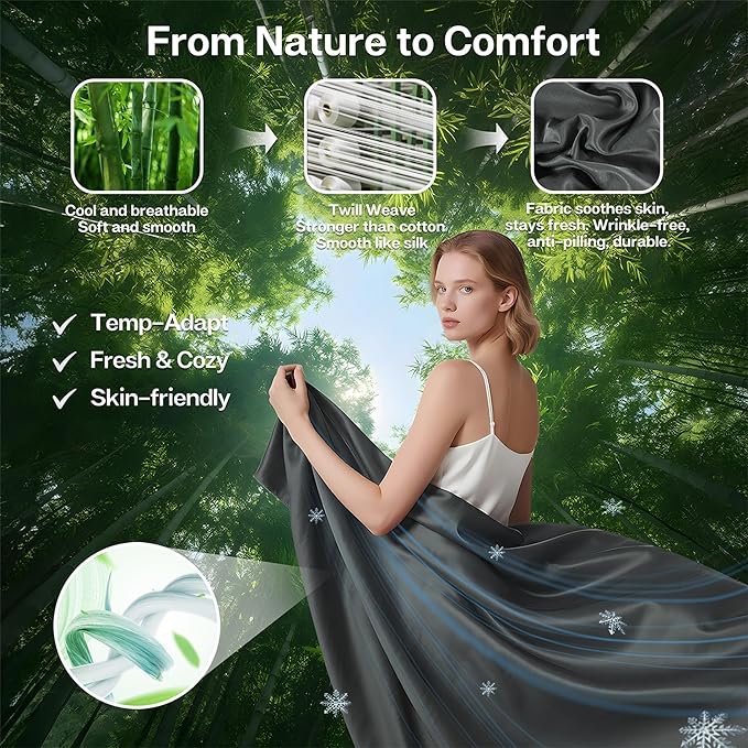 MR&HM Fitted Sheet & Pillowcase Set Queen, 3-Piece Blend Rayon Derived from Bamboo, Silky Soft & Breathable, 15" Deep Pocket with Elastic Straps, Cooling Sheets for Hot Sleepers, Dark Grey