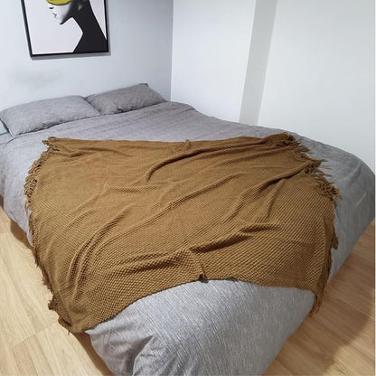 LOMAO Knitted Throw Blanket with Tassels Bubble Textured Soft Blanket Lightweight Warm Throws for Couch Cover Home Decor (Khaki, 50x60)