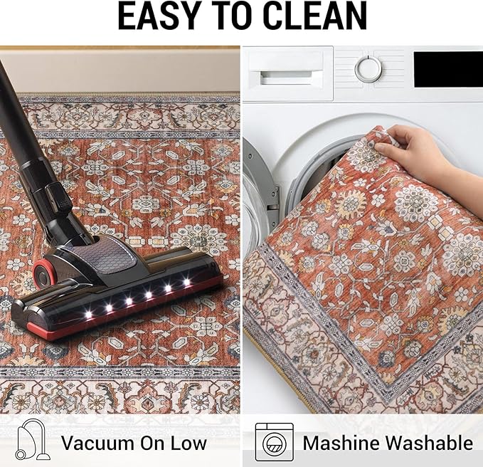 KUTA Runners for Hallways 2x6, Vintage Floral Rug Non-Slip Washable Kitchen Rugs Terracotta Ultra Thin Soft Printed Retro Distressed Flower Carpet Entryway Rugs for Bedroom Laundry Nursery
