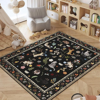 Rugcomf Area Rug 4x6 Rug Washable Boho Rugs Non Slip Low Pile Floral Animal Cat Small Carpet for Bedroom Bedside Kids Room Office Dining Room, Black