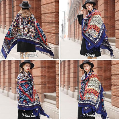 DANA XU 100% Merino Wool Pashmina Shawl for Women 96"x43", Oversized Cashmere Wrap with Tassels, Floral Travel Blanket Cape