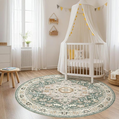 Round Rug Living Room Rugs: 8x8 Washable Boho Neutral Large Circle Soft Indoor Distressed Stain Resistant Floor Farmhouse Carpet for Bedroom Nursery Kids Playroom Office Dining Room Dorm- Green