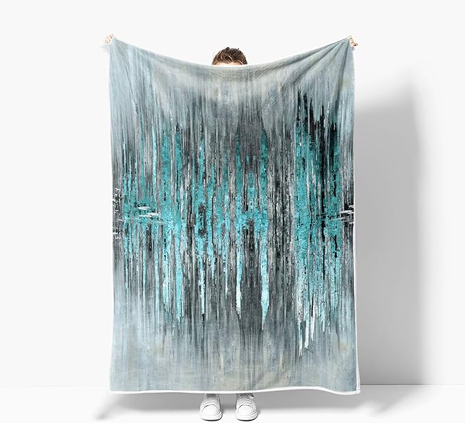 Abstract Throw Blankets, Modern Teal Gold CrackNon Cozy Warm Bed Couch Blanket, Stripe Contemporary Abstract Painting White Fleece Flannel Throws to Decorate The Room and Bedroom