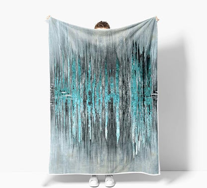 Abstract Throw Blankets, Modern Teal Gold CrackNon Cozy Warm Bed Couch Blanket, Stripe Contemporary Abstract Painting White Fleece Flannel Throws to Decorate The Room and Bedroom