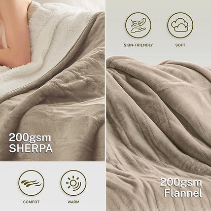 Heat Blanket 50”x60” Throw,Soft Flannel & Sherpa Reversible Electric Blanket with 10 Heat Settings,12 Timer Setting and 3 Hours Auto-Shut Off,ETL Certified Machine Washable,Light Brown