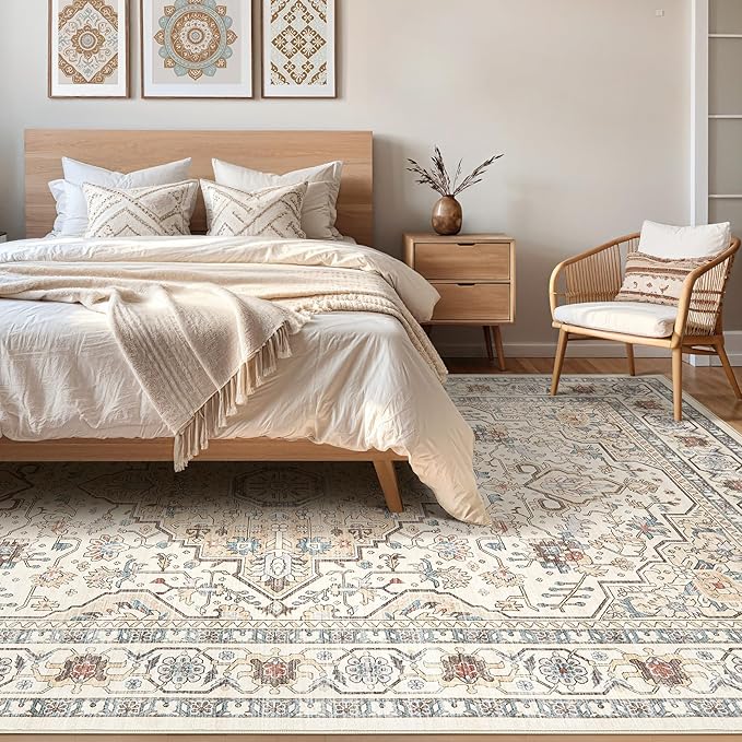 7x10 Area Rug Living Room: Washable Boho Large Neutral Vintage Soft Rugs Stain Resistant Farmhouse Non-Slip Indoor Floor Carpet for Bedroom Nursery Kids Playroom Office Dining Room- Cream Blue
