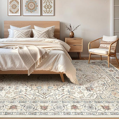 6x9 Area Rugs Living Room: Washable Boho Large Neutral Vintage Soft Rug Stain Resistant Farmhouse Non Slip Indoor Floor Carpet for Bedroom Nursery Kids Playroom Office Dining Room- Cream Blue