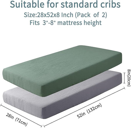 Muslin Crib Sheets for Boys Girls 100% Cotton Fitted Baby Crib Sheet 2 Pack Soft and Breathable for Standard Crib Mattress & Toddler Mattress 52x28in (Gray & Green)