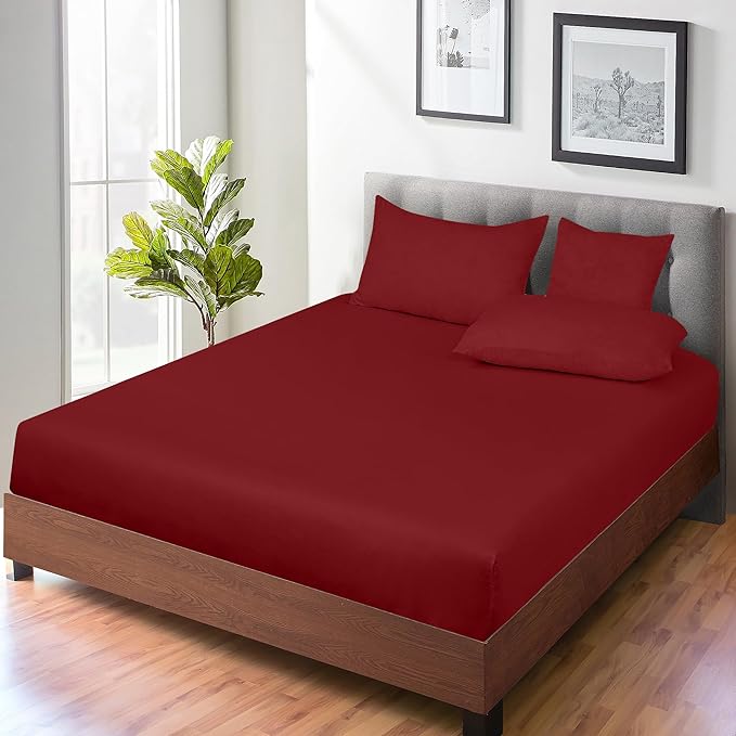 ROYALE LINENS 300 Thread Count 100% Long Staple Combed Cotton Fitted Sheet Twin XL - Super Soft Deep Pocket Bottom Sheet - Fitted Sheets Only - Elastic Sheets (Twin XL, Red)