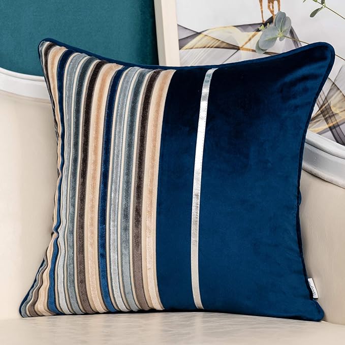 Yangest Navy Striped Patchwork Throw Pillow Cover Silver Leather Cushion Cover Zippered Pillowcase for Sofa Couch Bedroom Living Room Home Christmas Decoration,20x20 Inch