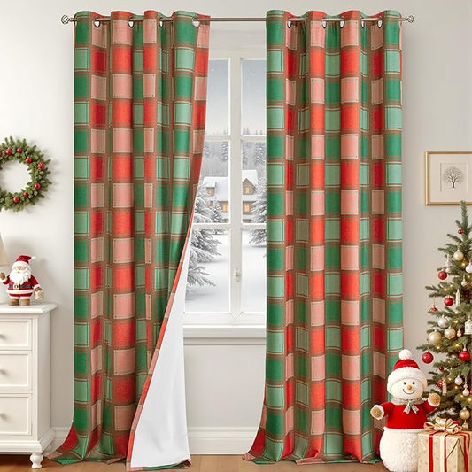 Plaid Christmas Curtains for Living Room - Boho Cottage Linen Blackout Gingham Checkered Drapes Extra Long, Farmhouse Thermal Insulated Drapery for Bedroom Winter 52x96 Inch 2 Panels, Red Green