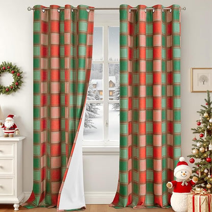 Plaid Christmas Curtains Gingham Patterned - Total Linen Blackout Curtains for Living Room, Farmhouse Checkered Boho Drapes for Bedroom Winter Thermal Insulated 52x90 Inch 2 Panels, Red Green
