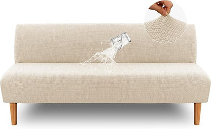 H.VERSAILTEX 100% Waterproof Futon Covers, Leakproof Armless Sofa Covers, Stretch Jacquard Sofa Bed Cover, Washable Futon Slipcover Furniture Protector for Kids, Pets, Dog and Cat, Ivory
