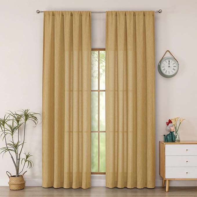 Simplebrand Gold Faux Linen Textured Semi Sheer Curtains 96 Inches Long 2 Panels Set, Light Filtering Soft Thick Farmhouse Curtains Window Treatment for Bedroom/Living Room/Dining Room, 50 x 96 Inch