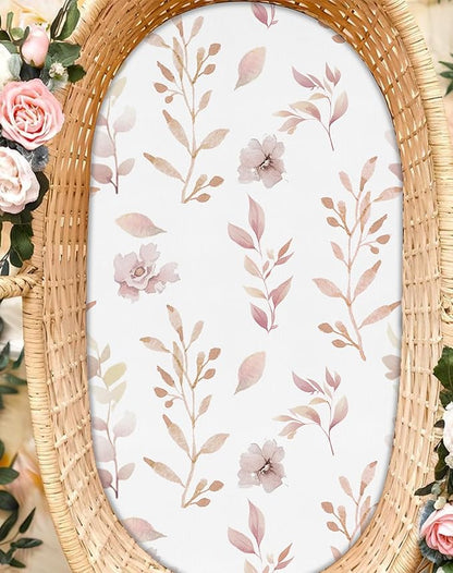 Bassinet Sheets for Baby Girls Boys 2 Pack, Fitted Baby Mattress Sheet for Rectangle, Oval, Hourglass Bassinet Mattress, Breathable Cozy & Universal Fit (Floral Fawn)